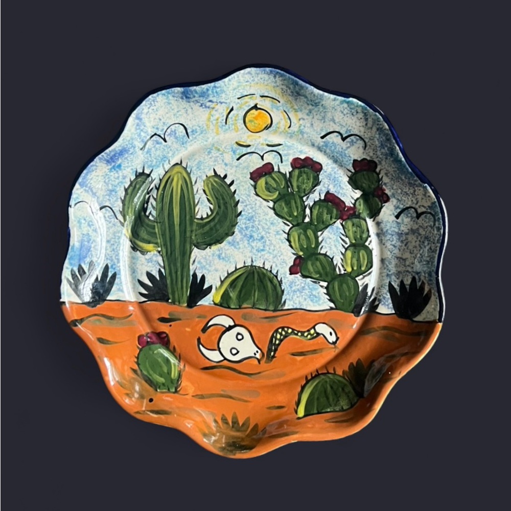 Vtg Talavera Mexico Q Ceramic Hand Painted Desert Design Round 12.25” Wall Plate